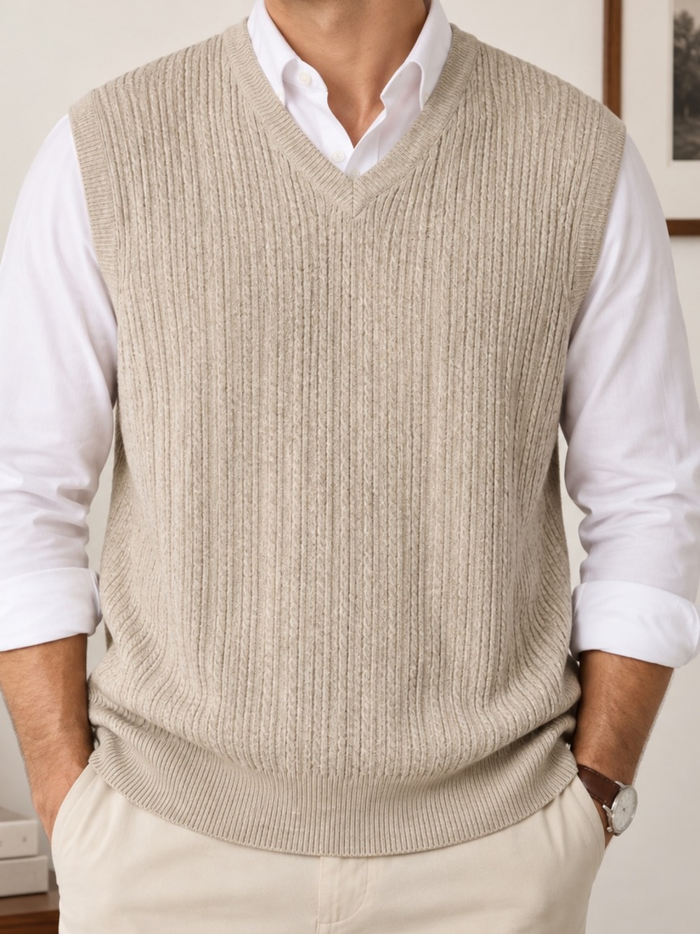 Ivy Crew Classics Beige Cable Knit Sweater Vest Size L